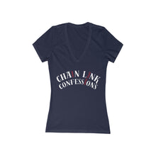 Cargar imagen en el visor de la galería, Chain Link Confessions Women’s Deep V-Neck Tee — Minimal Red Chain Charm Chest Graphic