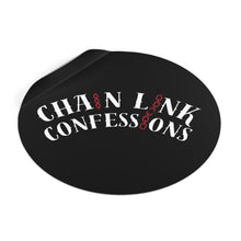 Load image into Gallery viewer, Chain Link Confessions Round Vinyl Sticker – Gothic Black Sticker with Red Chain Accent