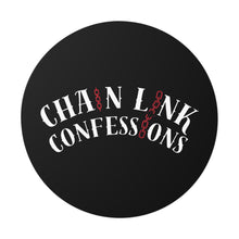 Load image into Gallery viewer, Chain Link Confessions Round Vinyl Sticker – Gothic Black Sticker with Red Chain Accent