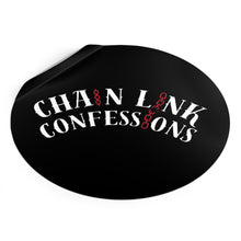 Load image into Gallery viewer, Chain Link Confessions Round Vinyl Sticker – Gothic Black Sticker with Red Chain Accent
