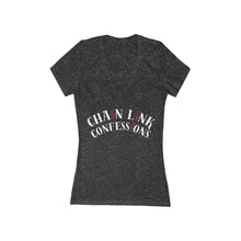Cargar imagen en el visor de la galería, Chain Link Confessions Women’s Deep V-Neck Tee — Minimal Red Chain Charm Chest Graphic
