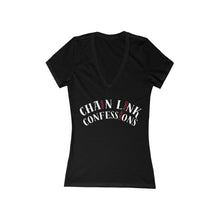 Cargar imagen en el visor de la galería, Chain Link Confessions Women’s Deep V-Neck Tee — Minimal Red Chain Charm Chest Graphic
