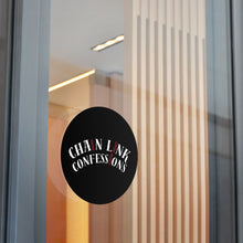 Load image into Gallery viewer, Chain Link Confessions Round Vinyl Sticker – Gothic Black Sticker with Red Chain Accent
