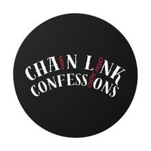 Load image into Gallery viewer, Chain Link Confessions Round Vinyl Sticker – Gothic Black Sticker with Red Chain Accent
