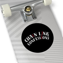 Load image into Gallery viewer, Chain Link Confessions Round Vinyl Sticker – Gothic Black Sticker with Red Chain Accent
