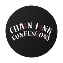 Load image into Gallery viewer, Chain Link Confessions Round Vinyl Sticker – Gothic Black Sticker with Red Chain Accent

